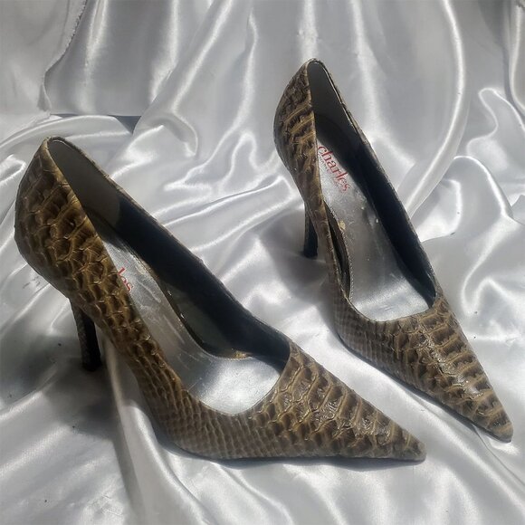 CHARLES BY CHARLES DAVID brown tan croc leather pointy toe high heel pumps SZ 7 - Picture 1 of 5